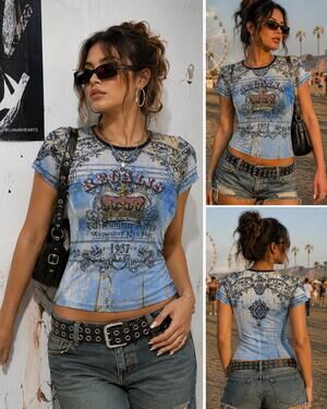 Y2K Regal Crown Graphic Baby Tee Blue Grunge Fairycore Top Women’s Large